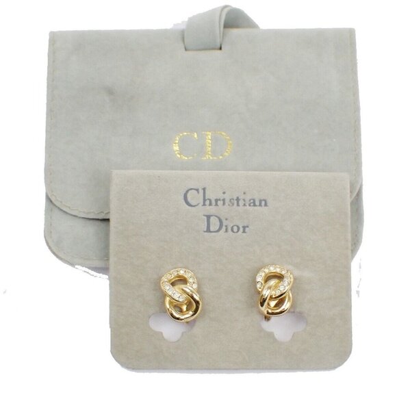 CHRISTIAN DIOR Logo Rhinestone Earrings Clip-On Gold Accesory - Picture 1 of 7